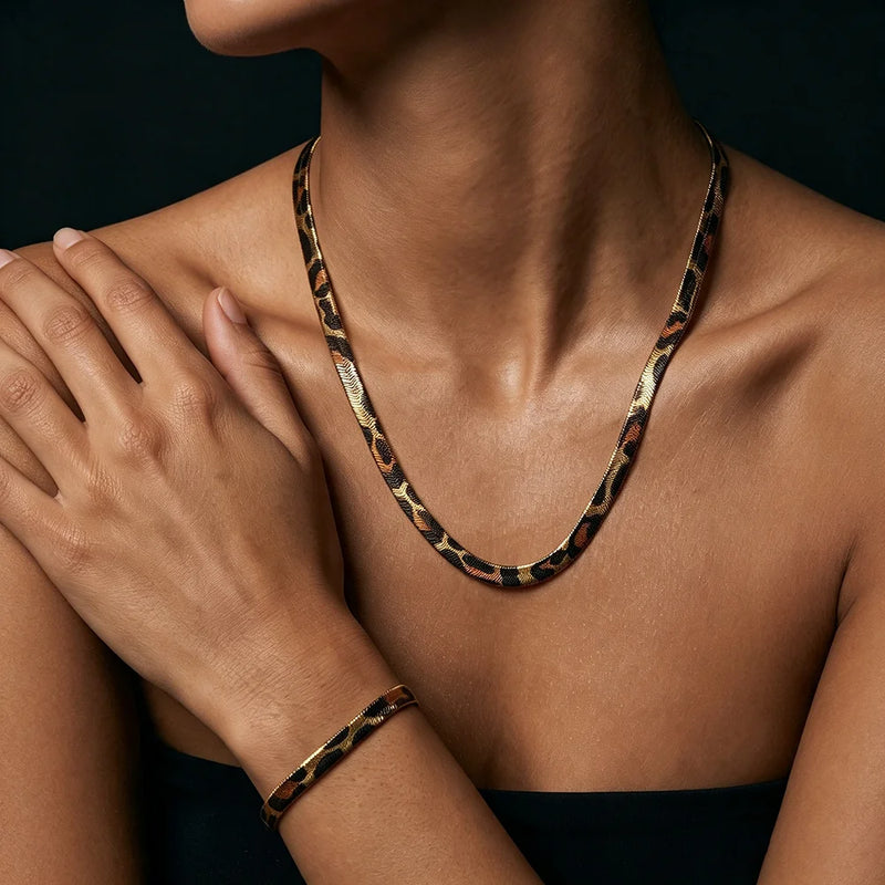 Leopard Chain set worn on a dark background