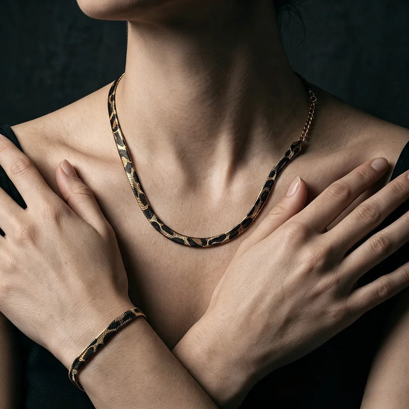 Leopard Chain necklace and bracelet worn together