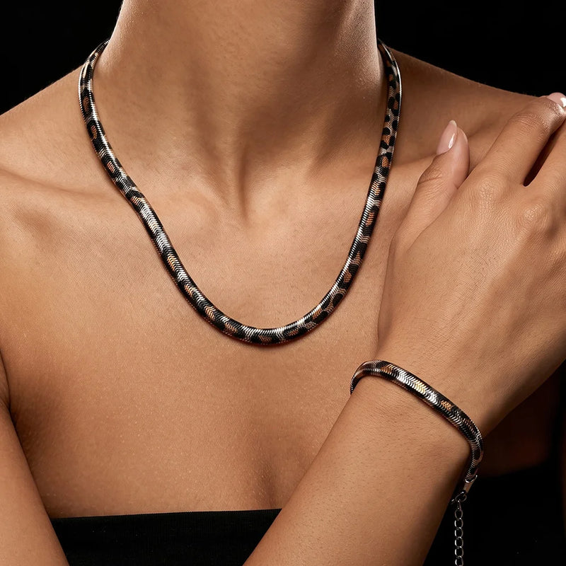 Leopard Chain necklace and bracelet set worn together