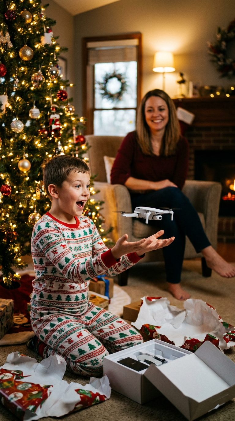 Kid amazed by the Apex Aerial drone on Christmas morning