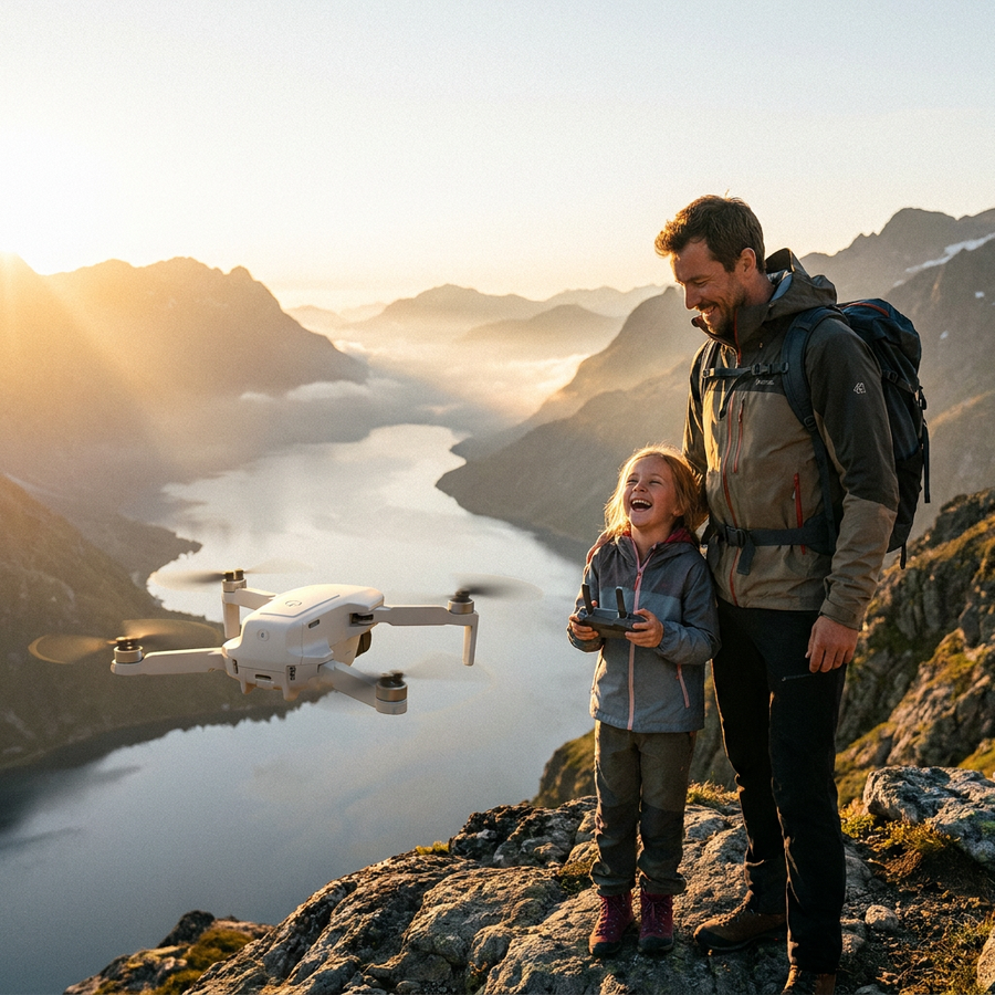 Father and daughter flying the Apex Aerial drone over a mountain lake